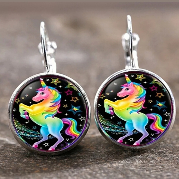 New Rainbow Unicorn Glass Cab Silver 18MM Earrings. - Picture 1 of 2